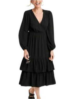 Knox Rose Black Tiered V-Neck Midi Dress